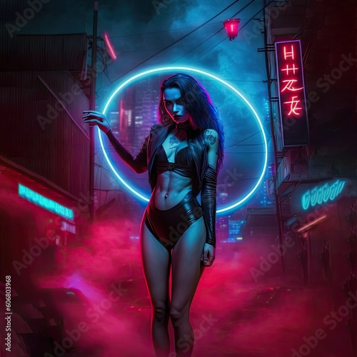 Woman dancing in the nightclub with neon ring. Generative AI
