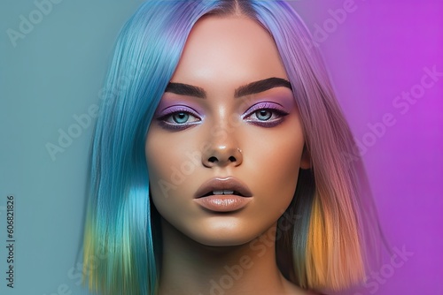 Realistic colourful portrait of young woman. Generative AI illustration 