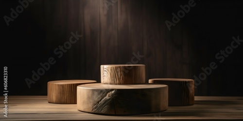 Wooden natural platform slices podium and dark grey background with copy space. Product placement and presentation. Generative AI