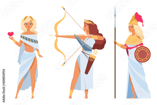 Cartoon Greek gods. Ancient goddesses. Artemis with arrows and bow. Athena holding spear and shield. Beautiful Aphrodite. Deity of love. Mythical divinities. Divine women vector set