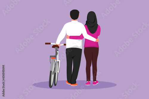 Character flat drawing back view of Arab couple with bicycle walking in park on sunny autumn day. Lovely man and pretty woman in love. Happy romantic married couple. Cartoon design vector illustration