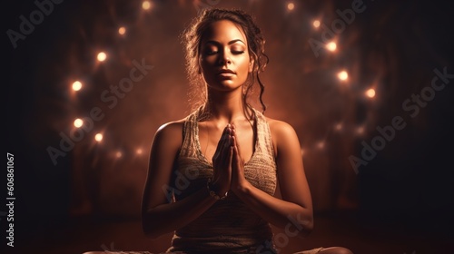 Beautiful spiritual woman in yoga pose. Generative ai.