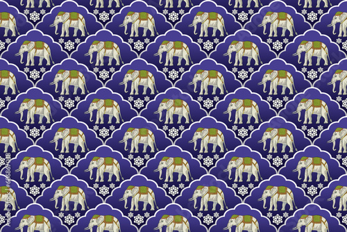 Thai Elephant Seamless Pattern on Violet Background. Vector design for fabric, tile, embroidery, carpet, background and wallpaper