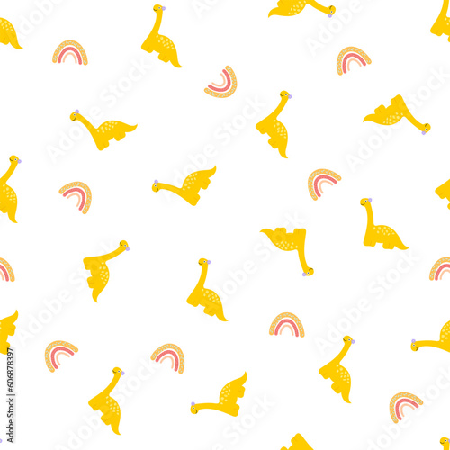 Cute dino seamless pattern with rainbow.prehistoric illustration for kids fashion,textile,cloth,dinosaur character in doodle style on white background