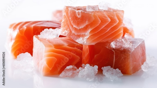 Salmon slices isolated on white background. Cubes of red fish. Generative AI