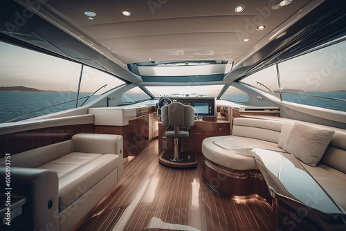 Details of luxury motor yacht interior, furnishing decor of the salon area in a rich modern large sea boat design. Relaxation areas for water travel. Travelling and entertainment concept.