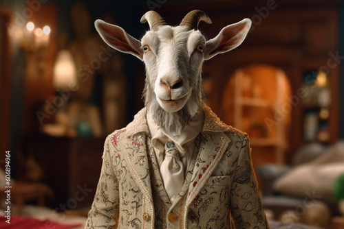 Close up shot of a Goat wearing suit - generative ai