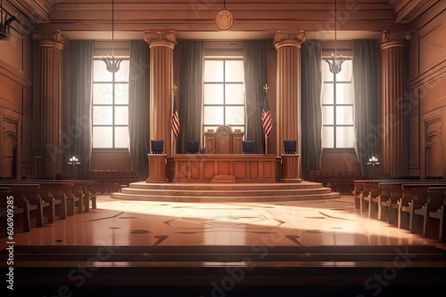 A courtroom with a judge's bench, witness stand, and jury box. Generative ai.
