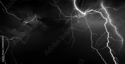 Panorama Dark cloud at evening sky with thunder bolt. Heavy storm bringing thunder, lightnings and rain in summer.Black and white thunderbolt background.