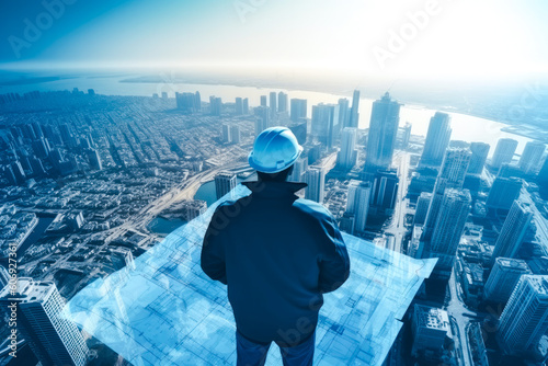 Construction engineer holding plan in double exposure above blue city and construction site. Imagining redevelopment concept. Generative AI
