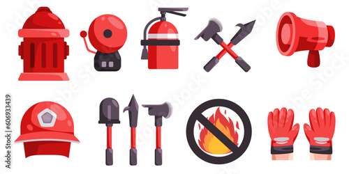 Firefighter tools collection set icon objects no fire sign megaphone shovel fire axe helmet alarm hydrant and fire extinguisher emergency protection safety rescue