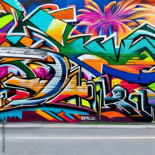 1532 Urban Graffiti Wall: A vibrant and urban background featuring a graffiti-covered wall with colorful tags, street art, and an energetic and artistic urban ambiance3, Generative AI
