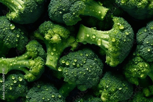 Fresh green broccoli with water droplets on it, close-up. Ai generated.