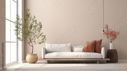 Energize composition of living room interior parts with copy space, brown expel chair, in organize vase with office. Creative resource, AI Generated