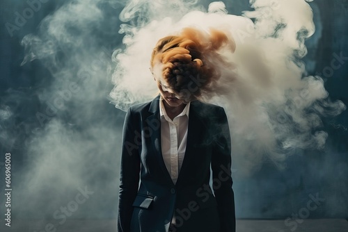Emotional burnout of an office worker. Trendy colors, gradient gray and white background, creative concept of human brain and head with smoke, generative AI.