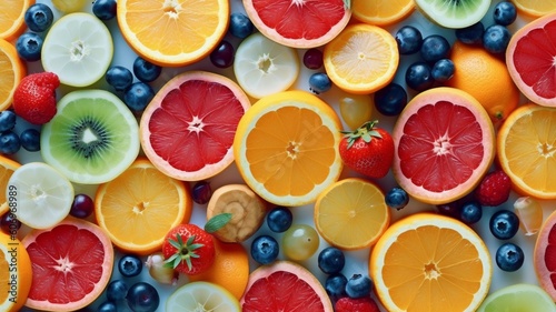 Concept of healthy eating, dieting, top down, flat lay fashionable seamless pattern of sliced mixed citrus fruits like backdrop with various berries. GENERATE AI