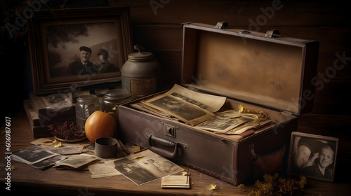 Family tree concept, dna, genes, ancestors. A large box suitcase lies on the table with old photographs. AI generated Generative AI