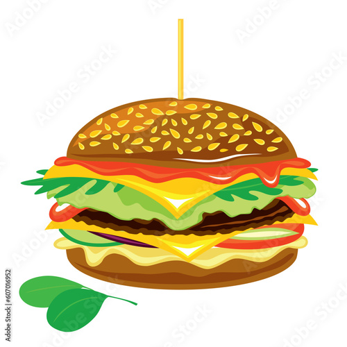 Duży burger z dodatkami. Hamburger z mięsem, serem, warzywami, ketchupem i majonezem. Chrupiący smaczny cheeseburger, danie z fast food. Pyszny lunch, obiad, amerykańska przekąska.