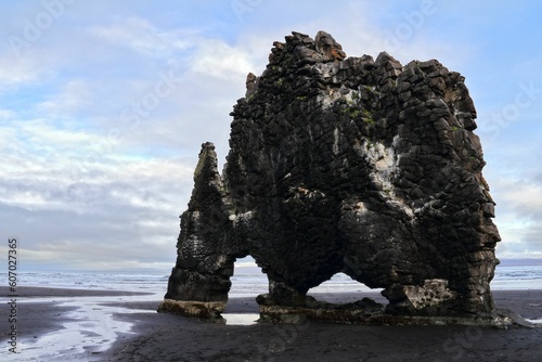 Aerial view of rock formation in beach of Iceland