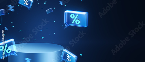 Online shopping, discount and sale concept with blue digital glowing speech bubbles with percent sign and empty cylinder pedestal for you product placement on dark background. 3D rendering, mockup