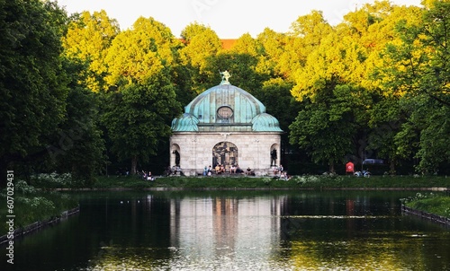 Hubertusbrunnen historical landmark near a river in Munich, Bavaria, Germany