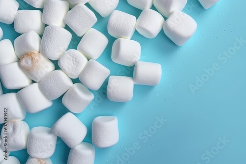 Lots of delicious white puffy marshmallows isolated on a flat blue background, copy space for text. Wallpaper Top view of mouthwatering sugar marshmallow. Generative AI professional photo imitation.