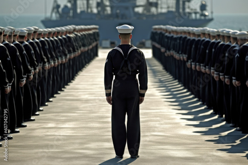 commander reviewing military navy troops in formation. generative ai