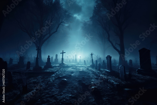 Graveyard in spooky death Forest At Halloween Night.