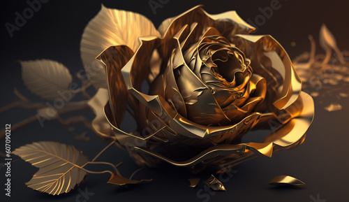 Złota róża 3d makro - złote gody, luksusowa miłość - Gold rose 3d macro - golden wedding, luxury love - AI Generated