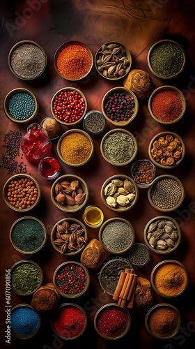 A collection of colorful spices and herbs, arranged in small bowls. Generative ai