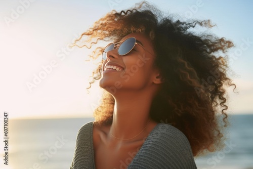 Blissful woman on a beach vacation, smiling broadly with joy and gratitude, embodying happiness by the serene ocean, generative ai