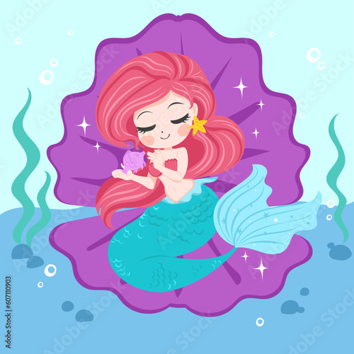 Lovely mermaid with little fish, vector illustration, children artworks, wallpapers, posters