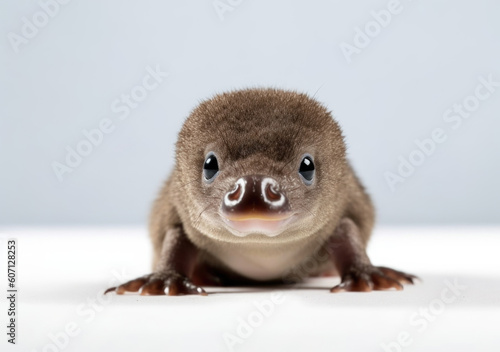 Young duck-billed platypus baby, on white background, concept of education materials, wallpaper, calendar, children's book