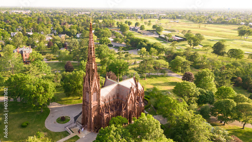 Aerial view of historic landmark Cathedral of the Incarnation in Garden City, Long Island, New York,