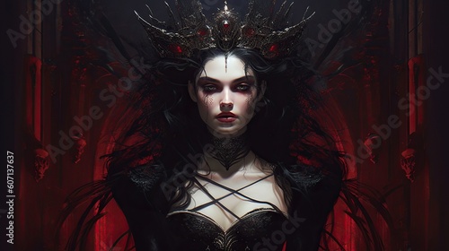 Portrait of gothic vampire queen with dark makeup, beautiful woman. Generative AI