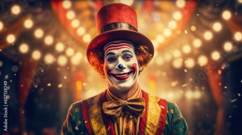 Portrait of happy clown with smiling face and red nose standing in vintage circus. Generative AI