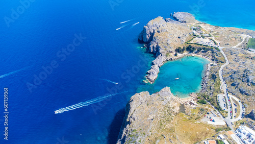 Beautiful seascape, a top view of the sea and the bay. Lindos, the ancient city on the island of Rhodes, Greece