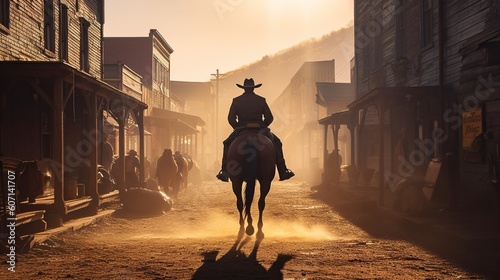 Back view of cowboy riding on a horse, western movie scene in wild west town. Generative AI
