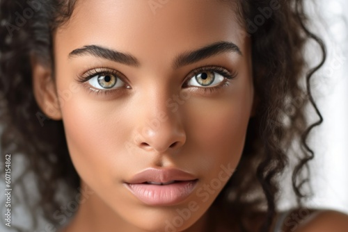 Close-up view of Black woman face with beautiful eyes, beauty services concept, ai generative