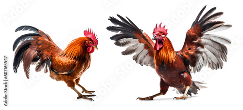 two rooster fighting in a cockfight, isolated background. Generative Ai