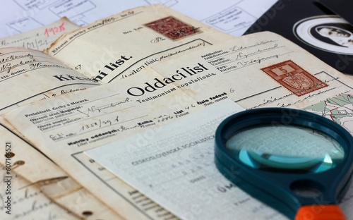 Old personal documents - birth, marriage and death certificate - and a family tree in Czech language used for genealogical research.