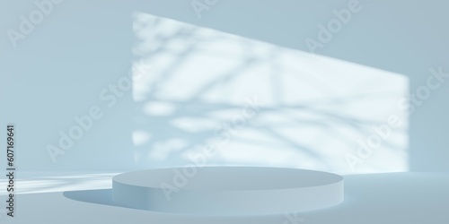 Empty, blank, round podium or dais in pastel blue room background with tree and window shadow, product or design placement template