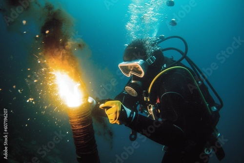 Underwater welding, a man welder welds a metal structure at the bottom of the sea