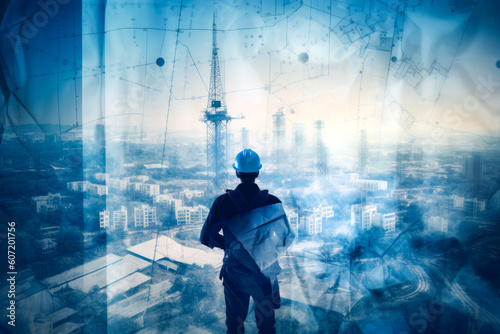 Construction engineer holding plan in double exposure above blue city and construction site. Imagining redevelopment concept. Generative AI