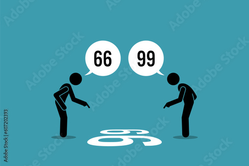 Two person arguing the number on the floor weather it is 66 or 99. Vector illustration depict concept of point of view, viewpoint, different perception perspective, silly argument, and disagreement.