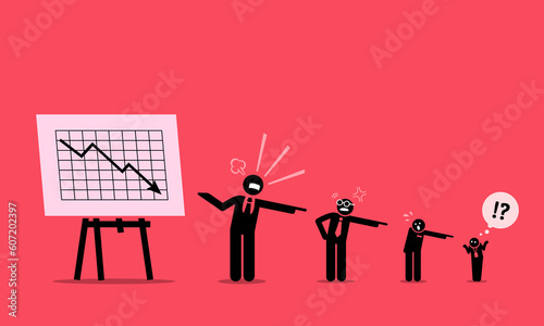 Corporate boss and worker blaming one another down the hierarchy for poor business financial performance. Vector illustration concept depicts blame, irresponsible, pointing finger, and company abuse.