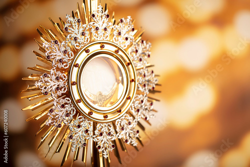 Catholic religion concept. First Holy Eucharist.The monstrance.