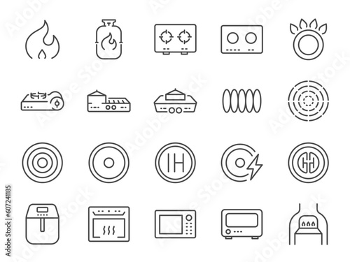 Cooker and flame icon set. It included fire, stoves, cooking hobs, hob, microwave and more icons. Editable Stroke. 
