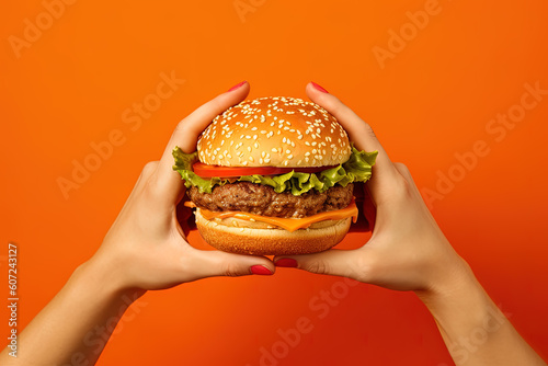 Hands holding a hamburger isolated on orange background. Created with Generative AI Technology
