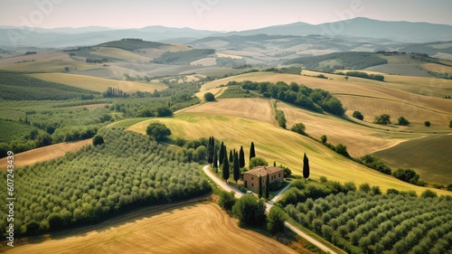 italy tuscany countryside rolling hills summer farmland Generative AI